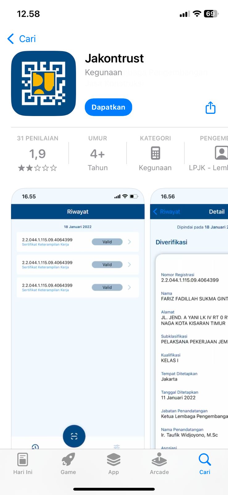Halaman aplikasi Jakontrust di Apple App Store