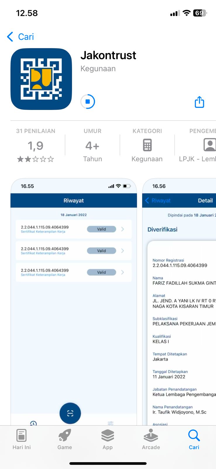 Tampilan aplikasi Jakontrust di App Store setelah terpasang