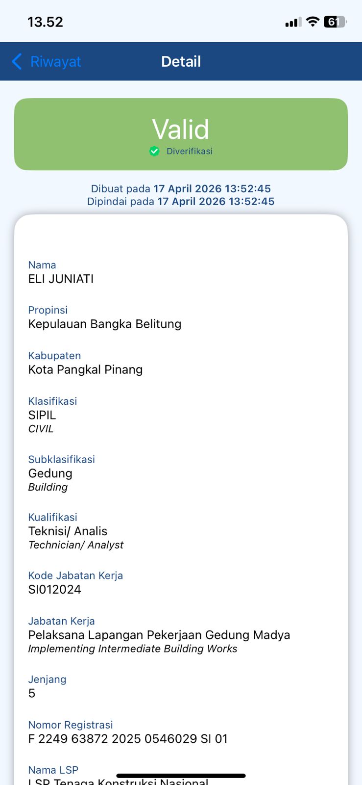 Ilustrasi tampilan hasil scan Jakontrust untuk verifikasi sertifikat konstruksi