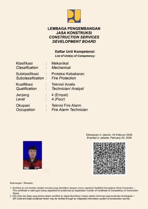 Contoh dokumen SKK unit kompetensi teknisi fire alarm untuk acuan pengecekan masa berlaku